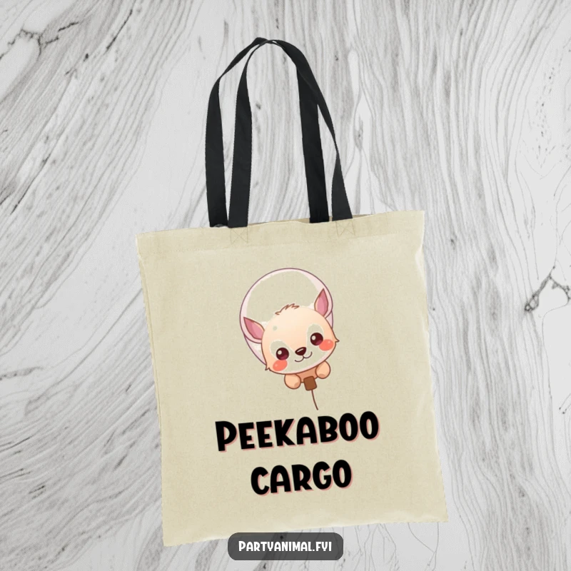 Funny tote bag with a curious animal character peeking out from behind a vibrant balloon, perfect for carrying essentials.