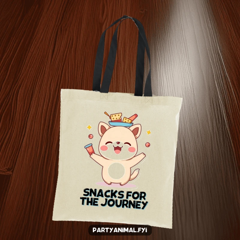 Funny animal character expertly balancing multiple snacks on its head, printed on a durable tote bag for hilarious transport.