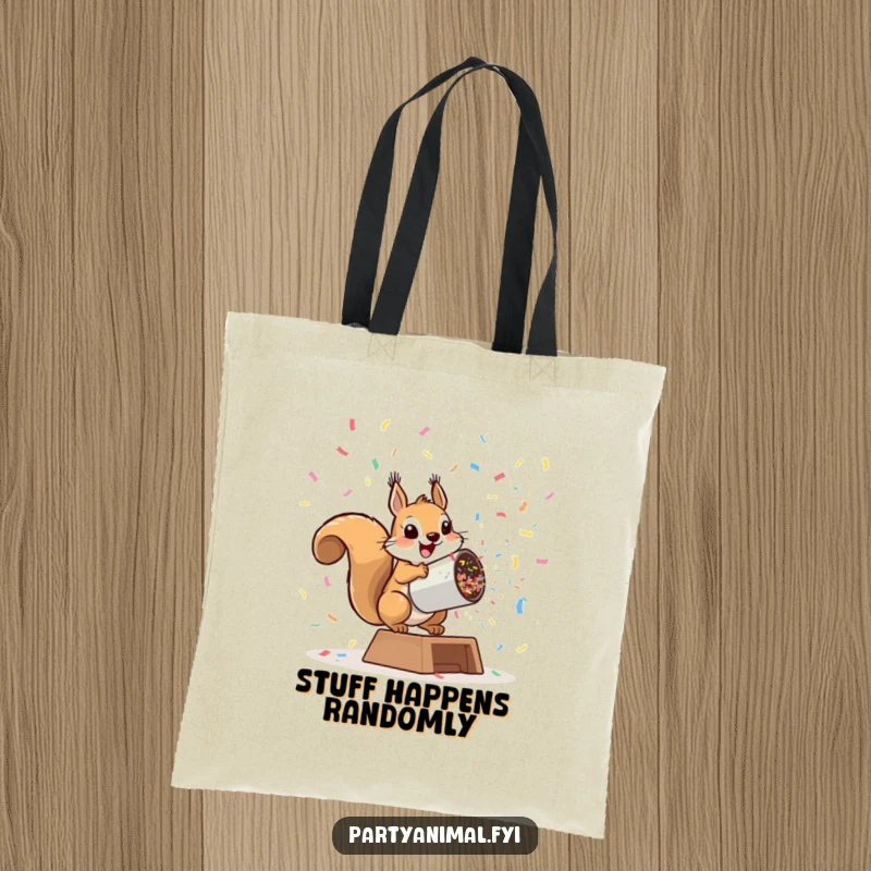 Funny playful squirrel launching from a giant confetti cannon on a tote bag, ideal for carrying essentials with explosive charm, a funny gift.