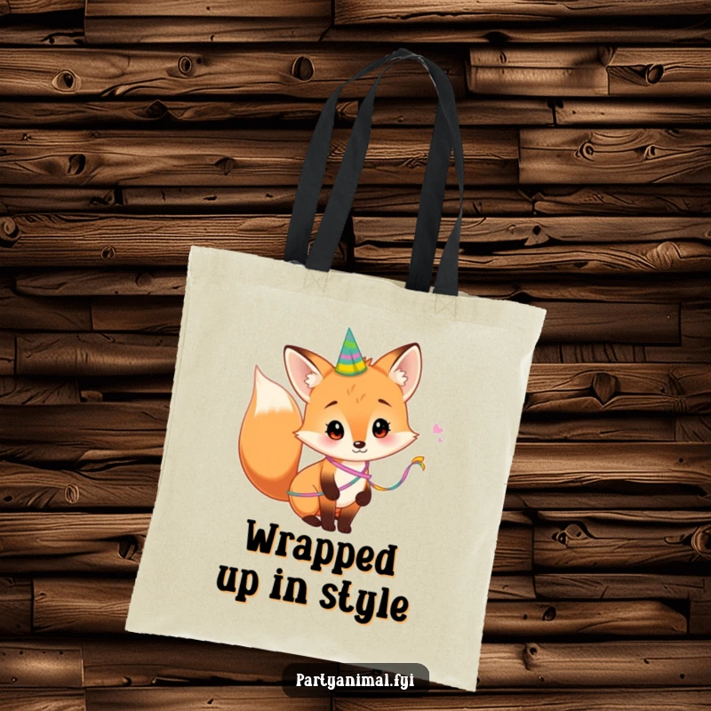 Funny Tote Bag showcasing a curious fox with a party streamer tied to its tail, a charming and practical accessory for everyday use.